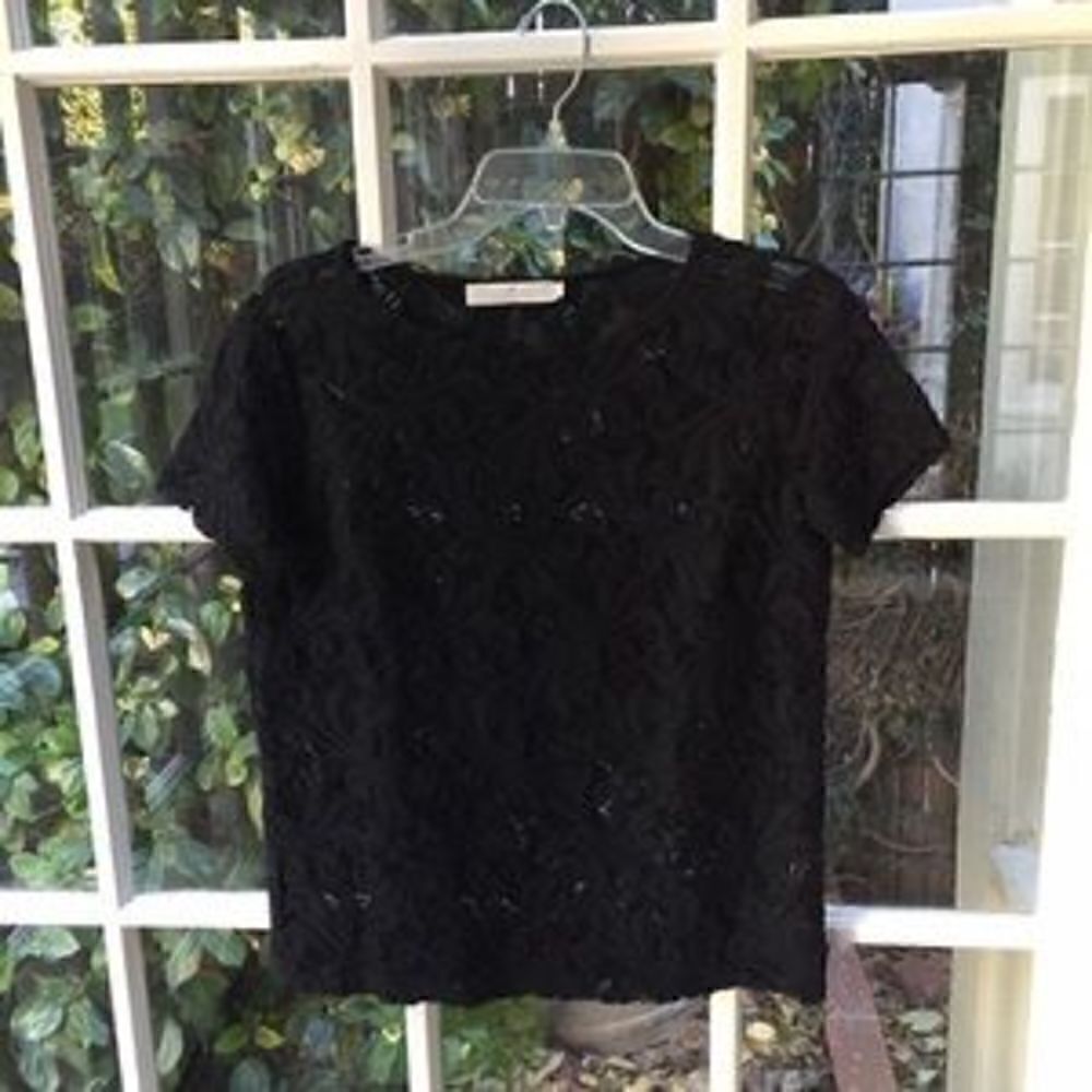 Kain Label Black Lace Lacy Small short sleeve Top Shirt Thick Cotton